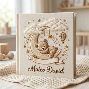 Hand Embroidered Baby Photo Album, Personalized Baby Album, Custom Name Memory Book, Teddy Bear Moon Stars Keepsake Gift