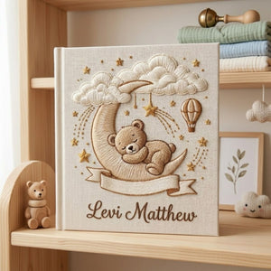 Hand Embroidered Baby Photo Album, Personalized Baby Album, Custom Name Memory Book, Teddy Bear Moon Stars Keepsake Gift