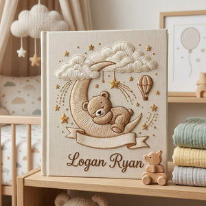Hand Embroidered Baby Photo Album, Personalized Baby Album, Custom Name Memory Book, Teddy Bear Moon Stars Keepsake Gift
