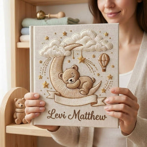 Hand Embroidered Baby Photo Album, Personalized Baby Album, Custom Name Memory Book, Teddy Bear Moon Stars Keepsake Gift