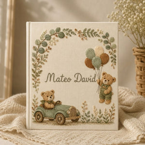 Hand Embroidered Baby Photo Album, Personalized Baby Memory Book, Custom Name Keepsake Album, Teddy Bear Nursery Gift