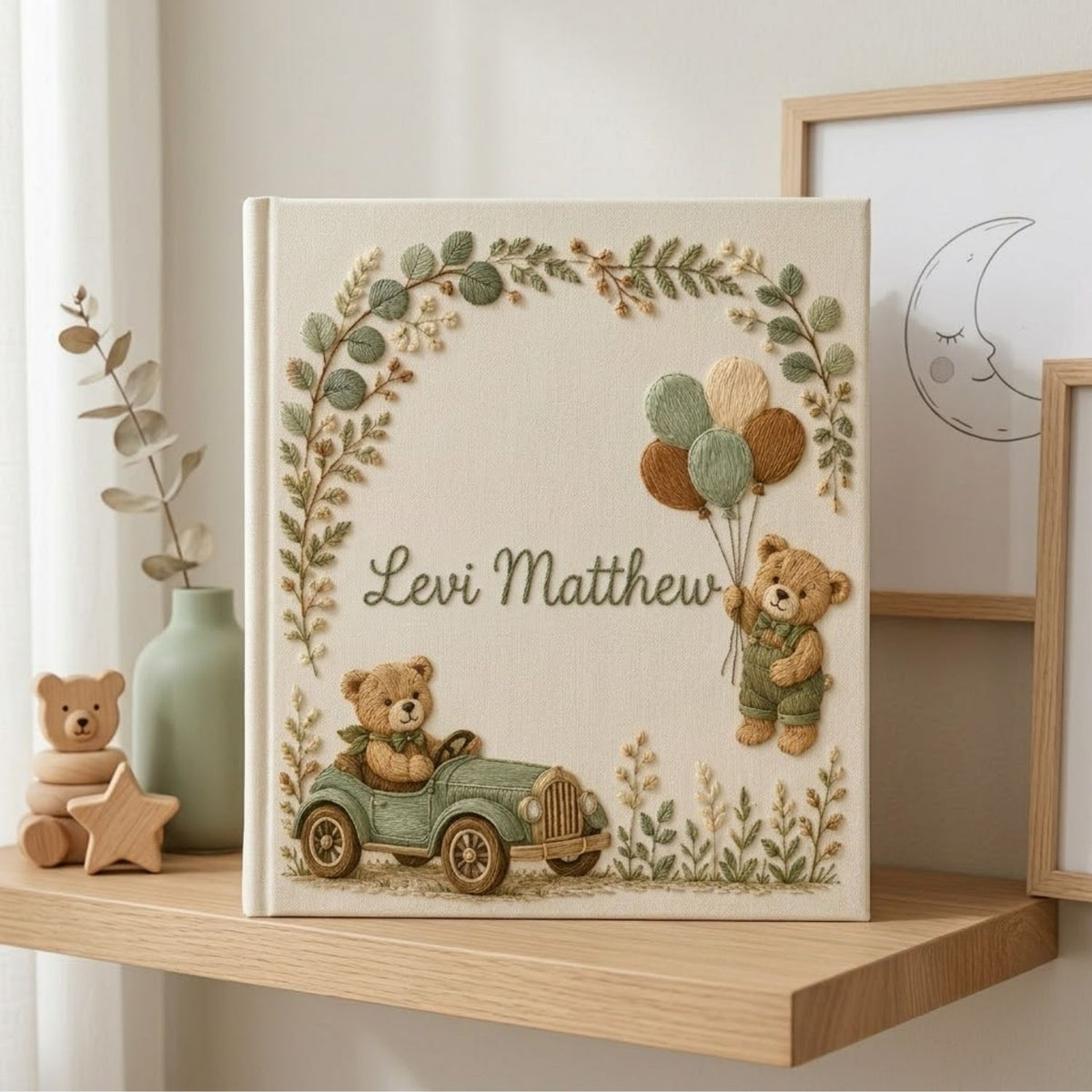 Hand Embroidered Baby Photo Album, Personalized Baby Memory Book, Custom Name Keepsake Album, Teddy Bear Nursery Gift