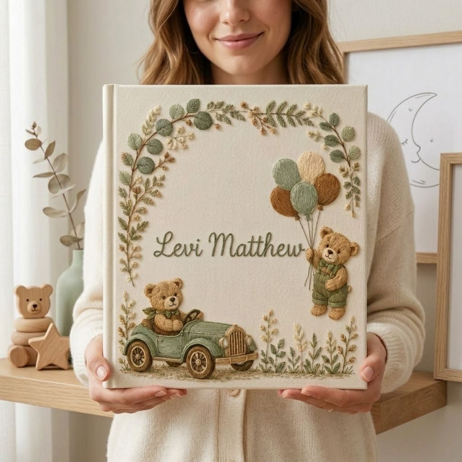 Hand Embroidered Baby Photo Album, Personalized Baby Memory Book, Custom Name Keepsake Album, Teddy Bear Nursery Gift