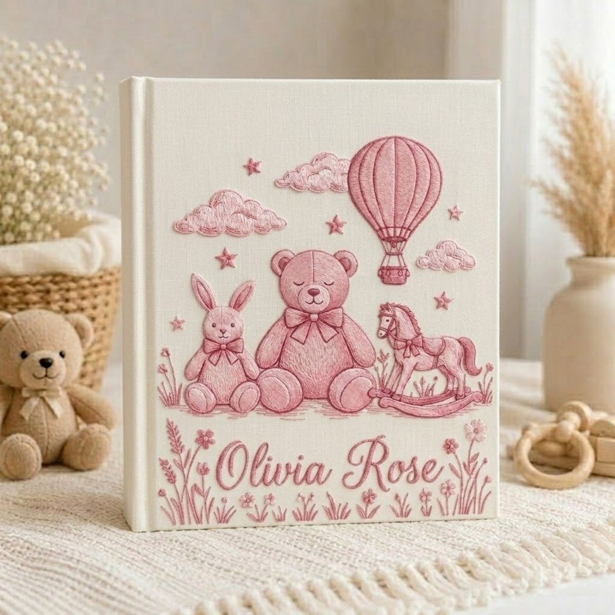 Hand Embroidered Baby Photo Album, Personalized Baby Girl Memory Book, Custom Name Keepsake Album, Teddy Bear Nursery Gift