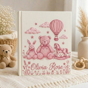 Hand Embroidered Baby Photo Album, Personalized Baby Girl Memory Book, Custom Name Keepsake Album, Teddy Bear Nursery Gift