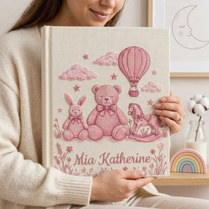 Hand Embroidered Baby Photo Album, Personalized Baby Girl Memory Book, Custom Name Keepsake Album, Teddy Bear Nursery Gift