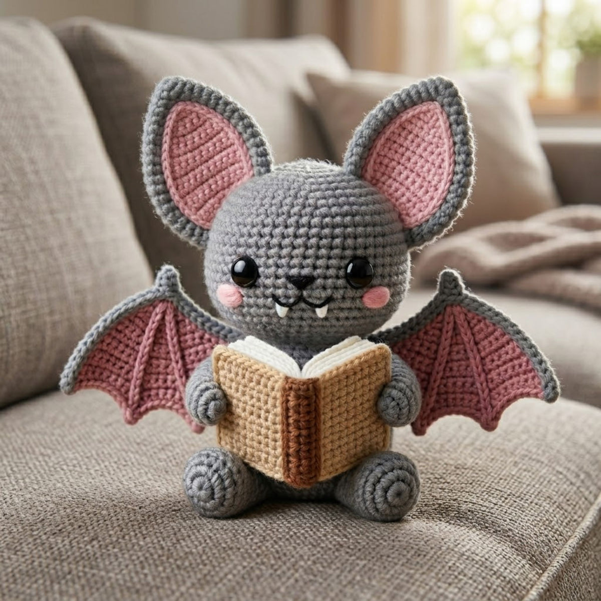 Crochet Bat Plush, Handmade Amigurumi Bat Doll, Gray Pink Halloween Toy, Gothic Nursery Decor, Book Lover Gift, Baby Shower Gift, 4-12in