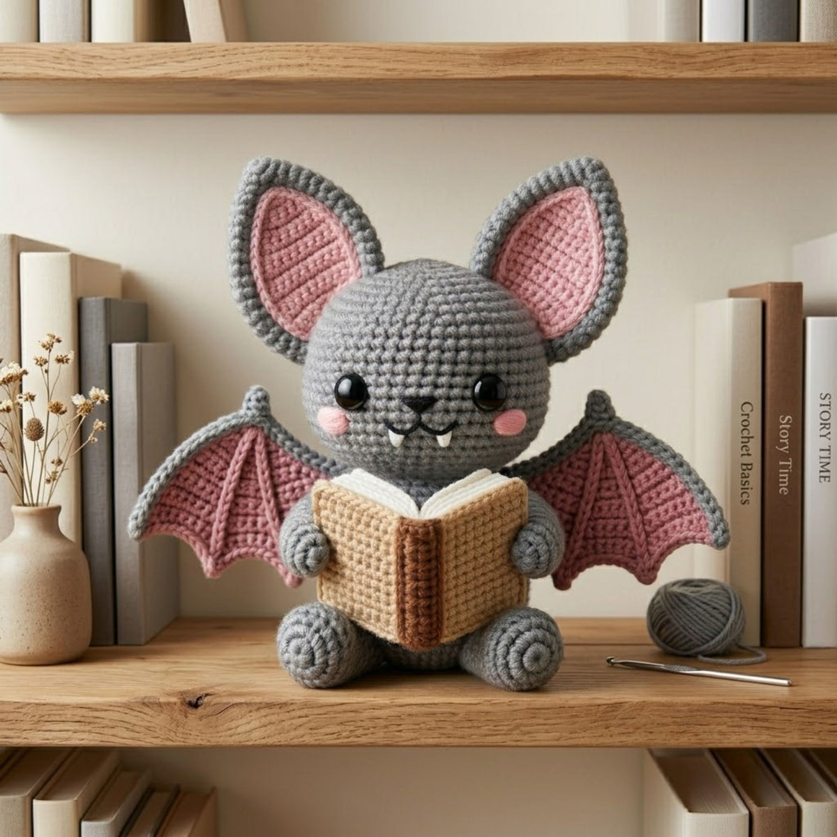 Crochet Bat Plush, Handmade Amigurumi Bat Doll, Gray Pink Halloween Toy, Gothic Nursery Decor, Book Lover Gift, Baby Shower Gift, 4-12in