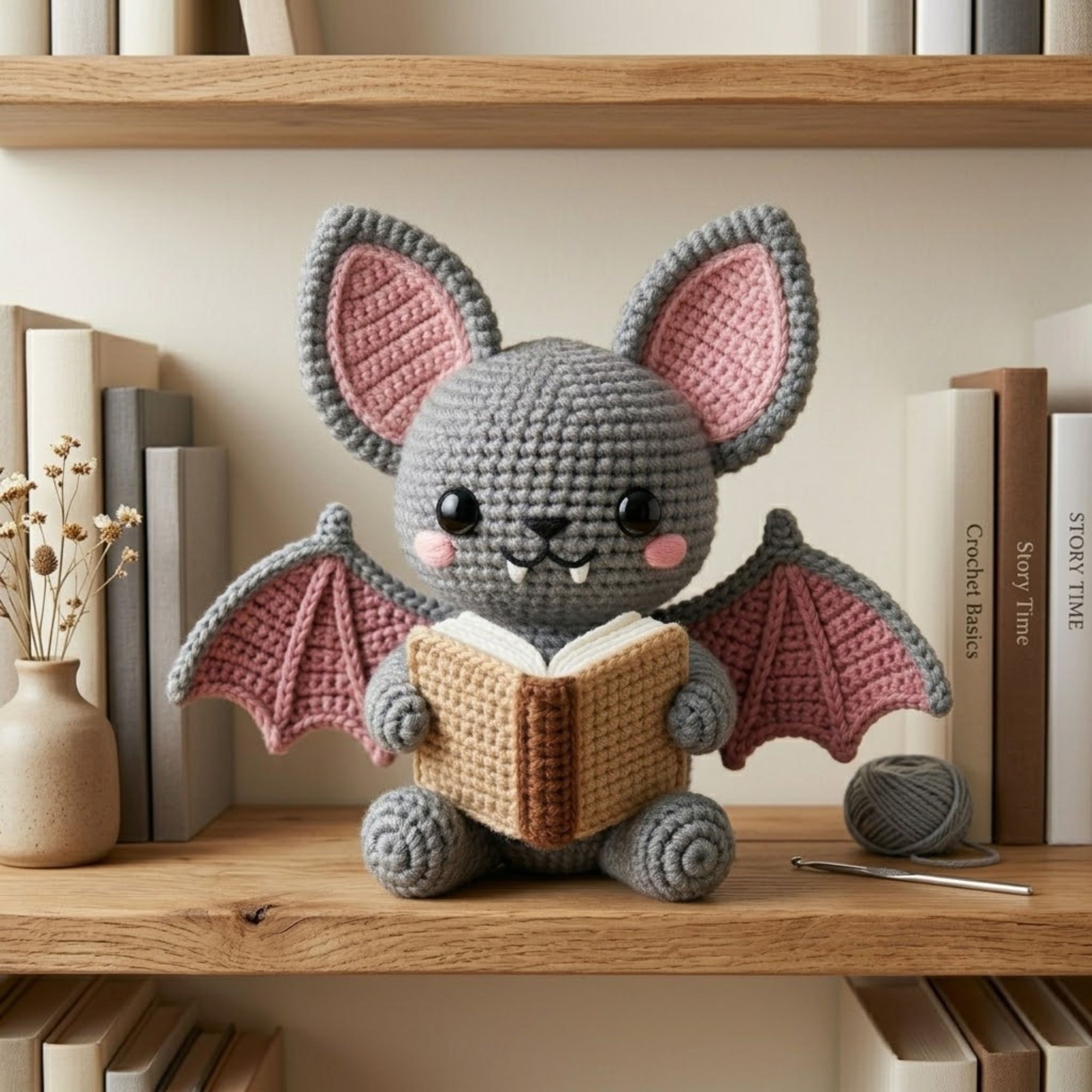 Crochet Bat Plush, Handmade Amigurumi Bat Doll, Gray Pink Halloween Toy, Gothic Nursery Decor, Book Lover Gift, Baby Shower Gift, 4-12in