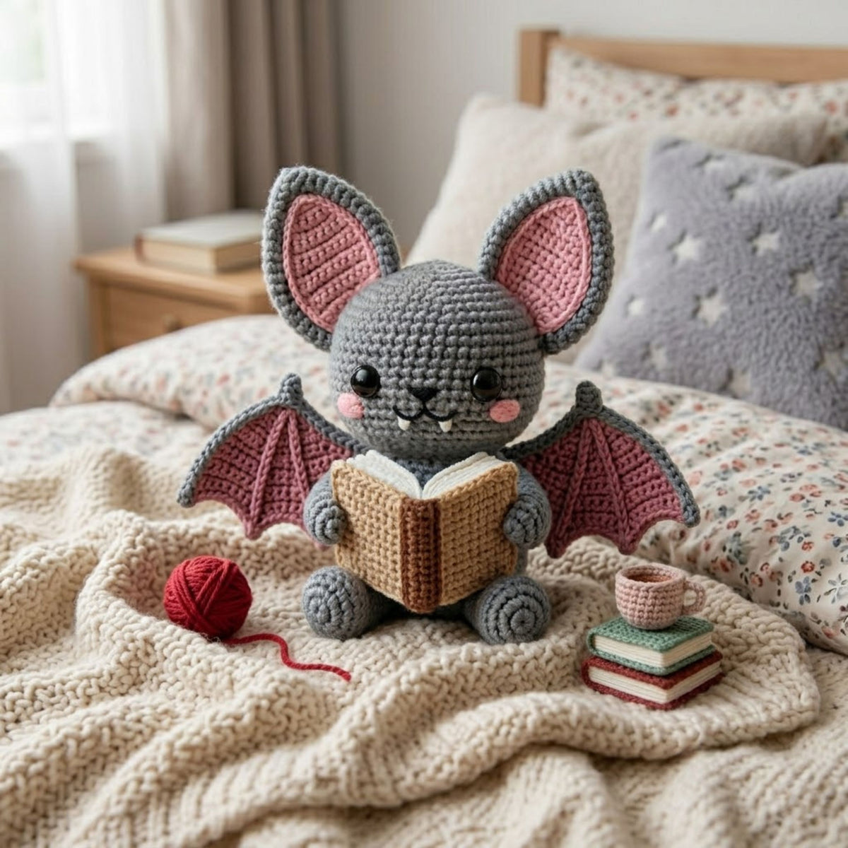 Crochet Bat Plush, Handmade Amigurumi Bat Doll, Gray Pink Halloween Toy, Gothic Nursery Decor, Book Lover Gift, Baby Shower Gift, 4-12in