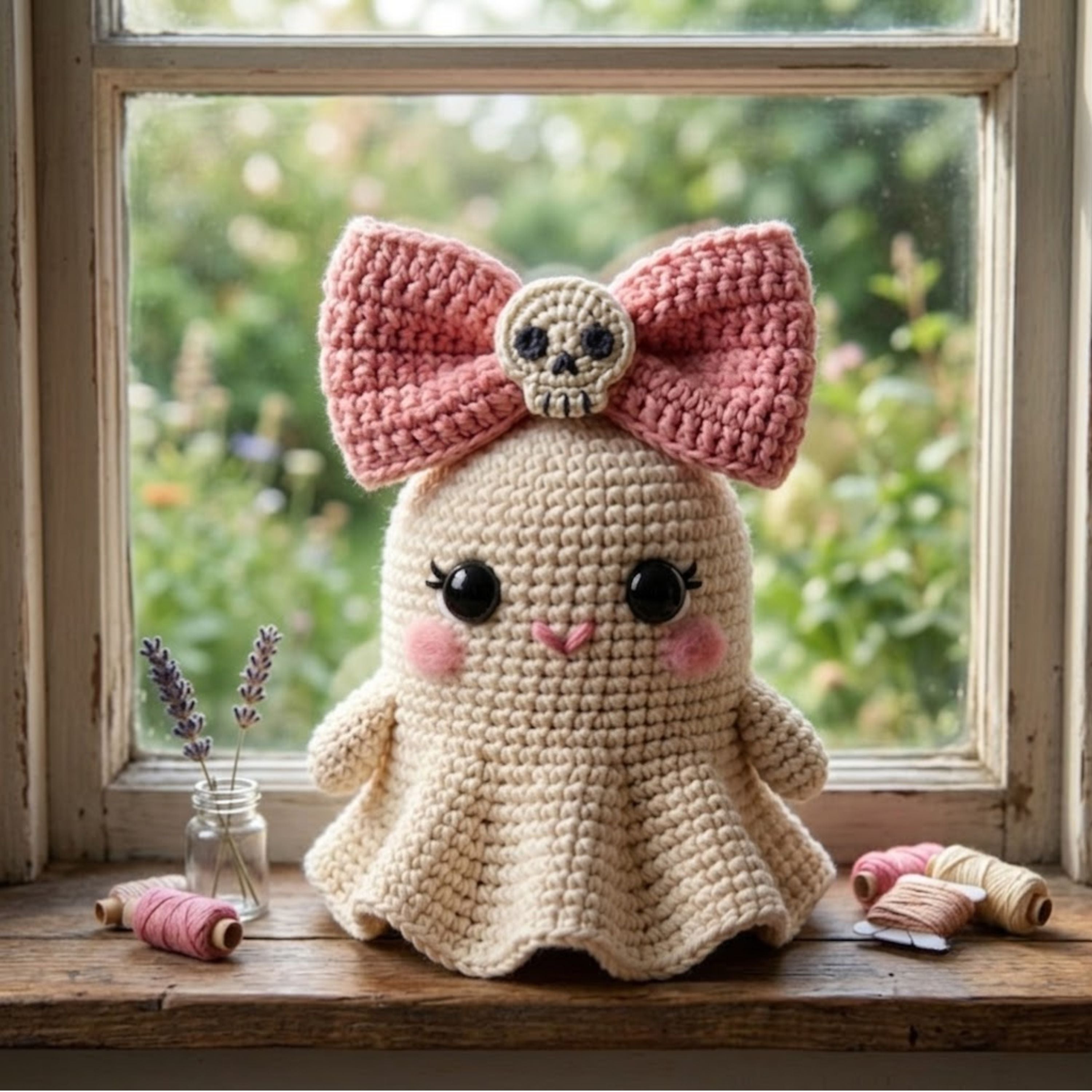 Crochet Ghost Plush, Handmade Amigurumi Ghost Doll, Pink Bow Halloween Toy, Gothic Nursery Decor, Baby Shower Gift, 4-12in Cute Kids Plushie