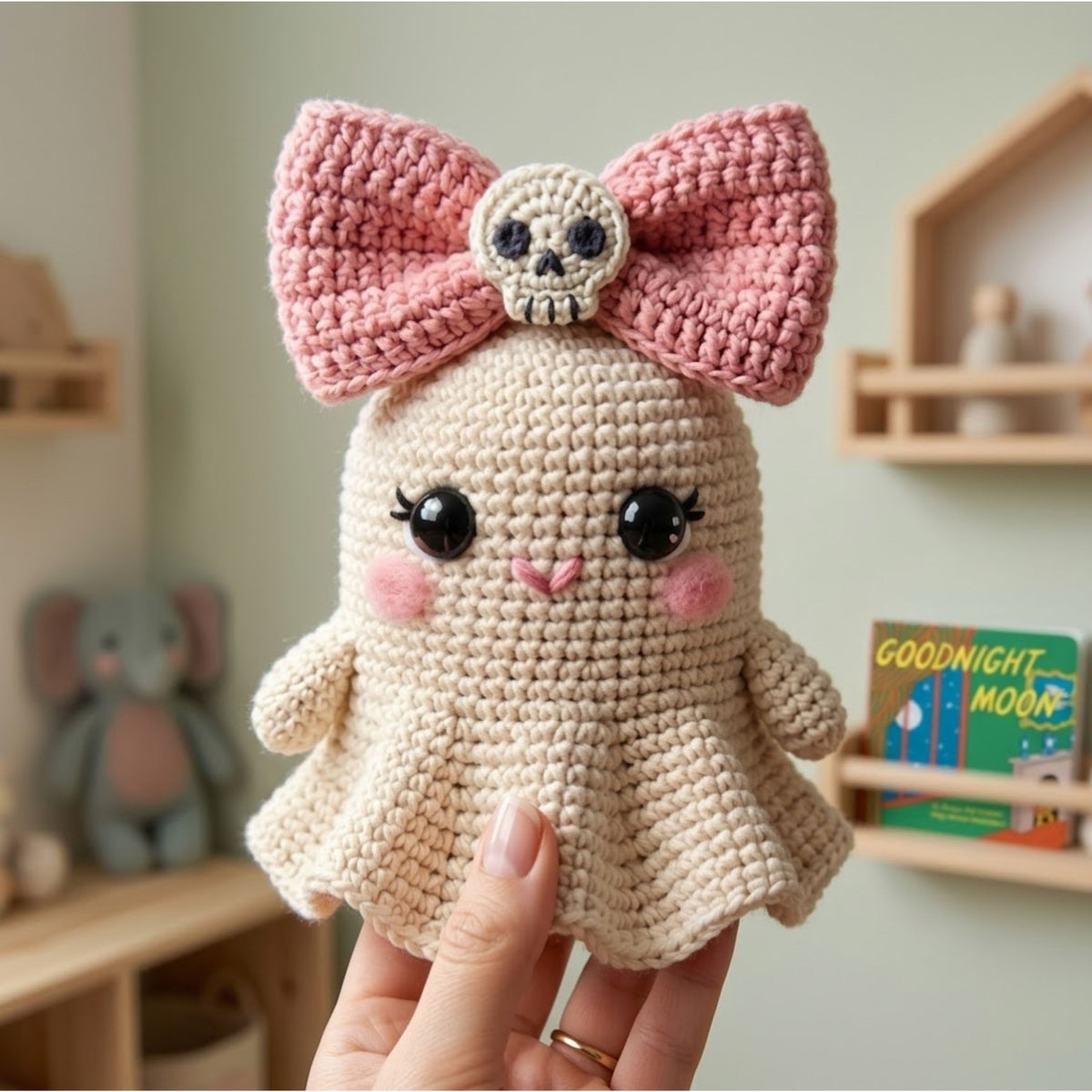 Crochet Ghost Plush, Handmade Amigurumi Ghost Doll, Pink Bow Halloween Toy, Gothic Nursery Decor, Baby Shower Gift, 4-12in Cute Kids Plushie