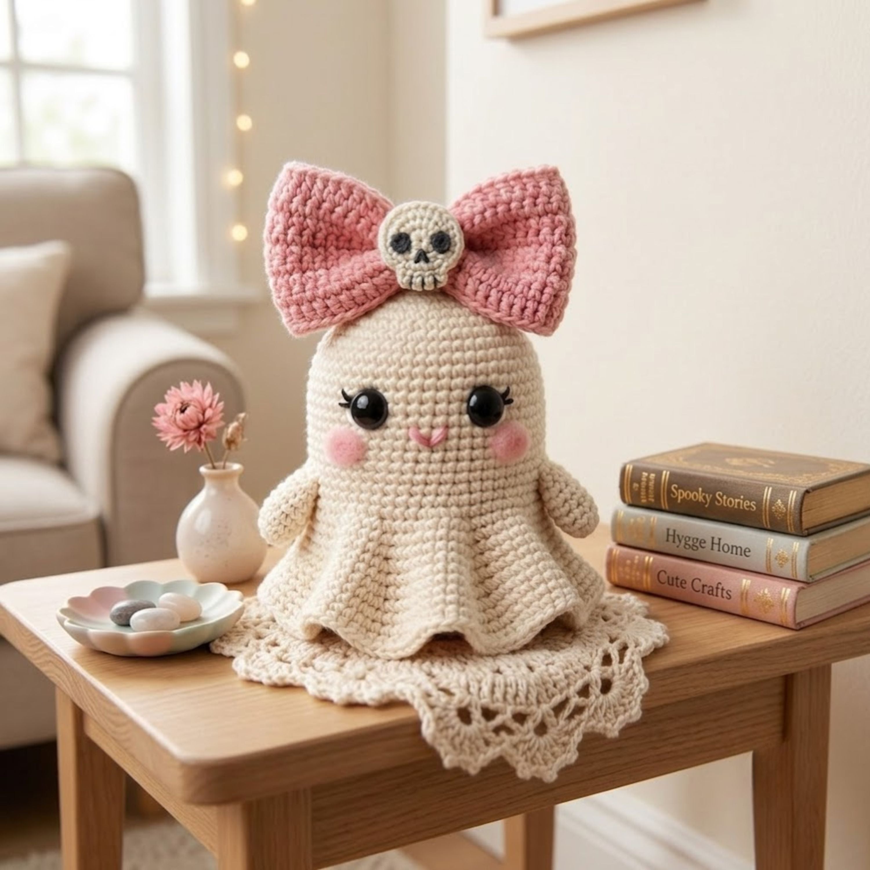 Crochet Ghost Plush, Handmade Amigurumi Ghost Doll, Pink Bow Halloween Toy, Gothic Nursery Decor, Baby Shower Gift, 4-12in Cute Kids Plushie