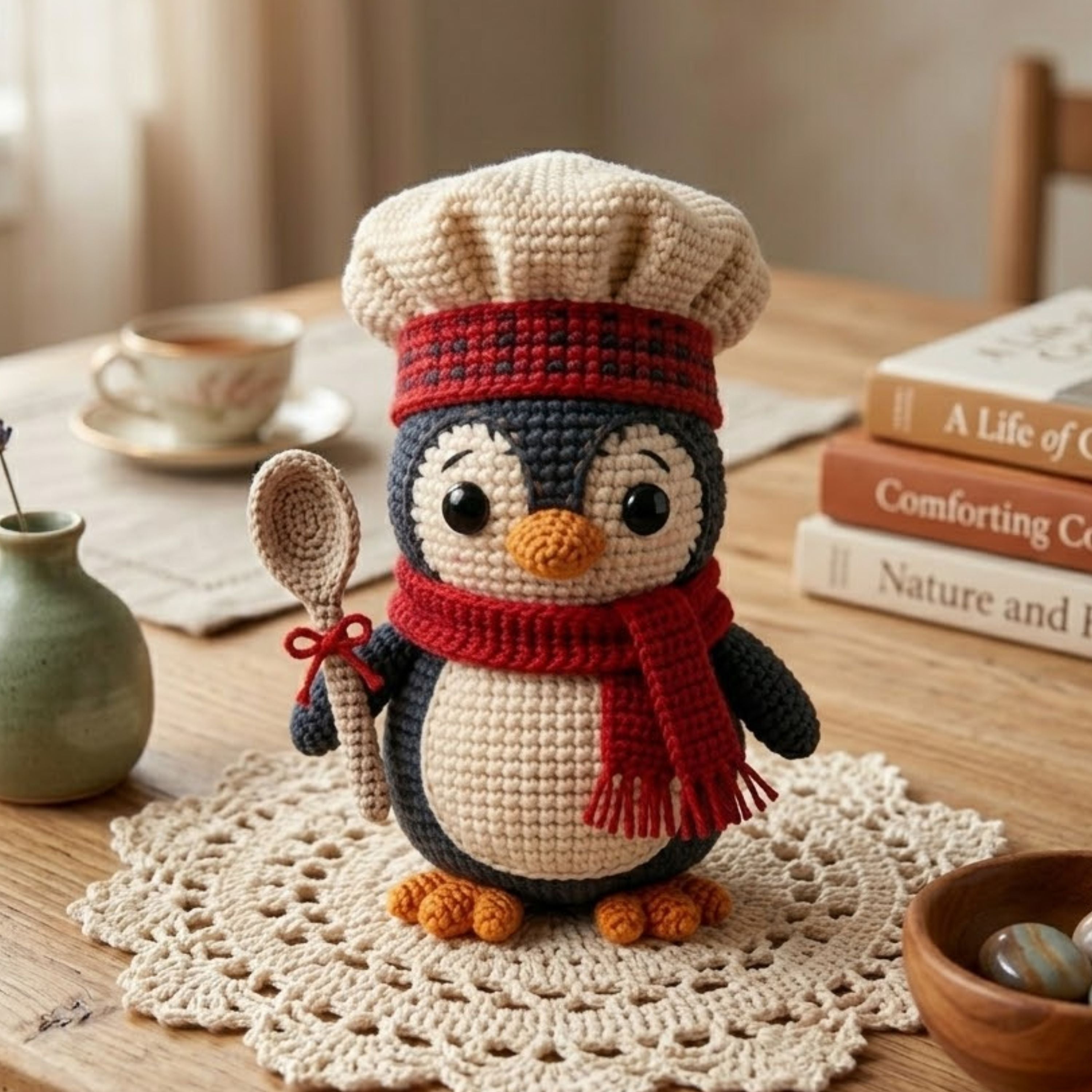 Crochet Chef Penguin Plush, Handmade Amigurumi Penguin Doll, Red Scarf Kitchen Toy, Cute Nursery Decor, Baby Shower Gift, 4-12in Kid Plushie