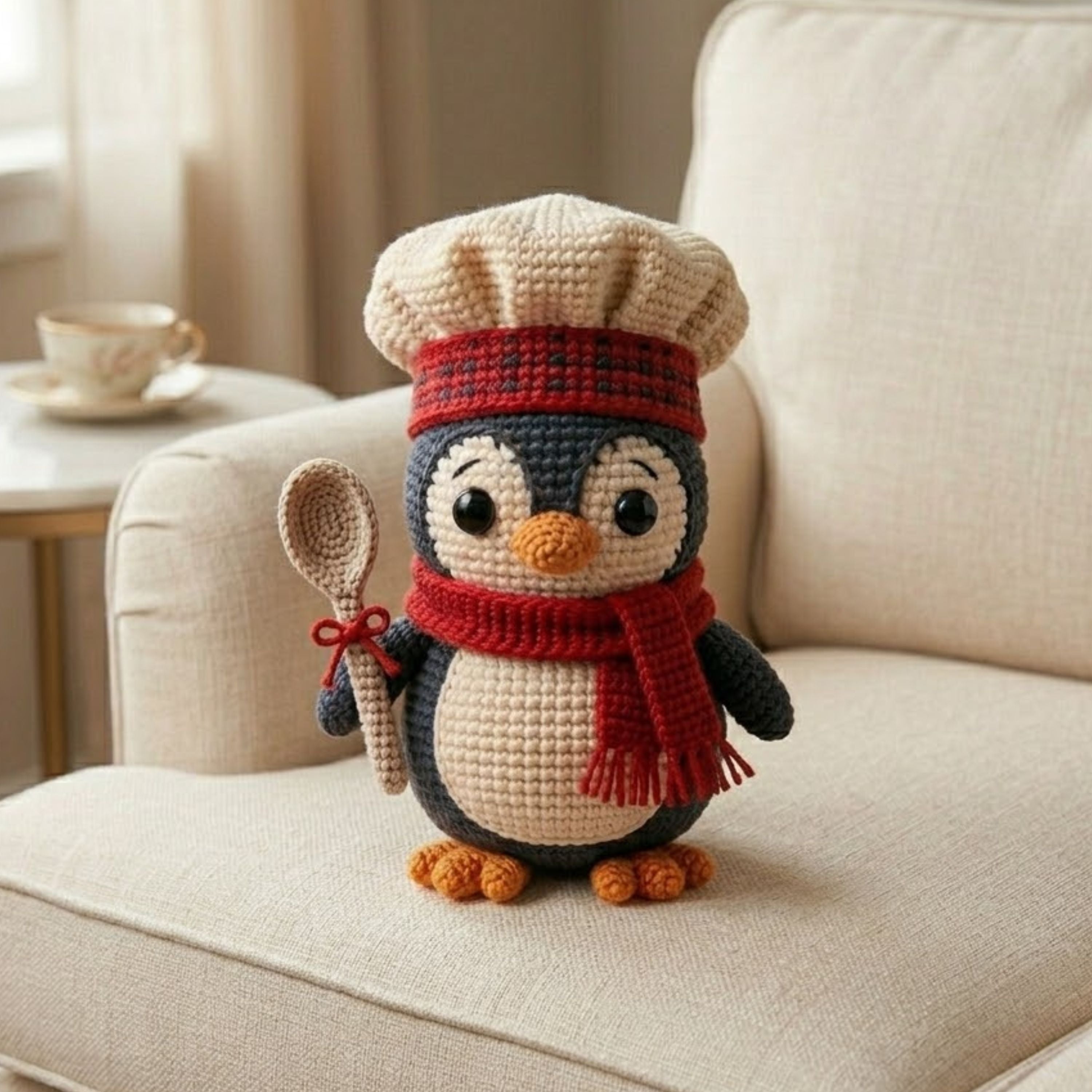 Crochet Chef Penguin Plush, Handmade Amigurumi Penguin Doll, Red Scarf Kitchen Toy, Cute Nursery Decor, Baby Shower Gift, 4-12in Kid Plushie