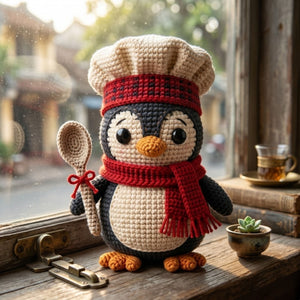 Crochet Chef Penguin Plush, Handmade Amigurumi Penguin Doll, Red Scarf Kitchen Toy, Cute Nursery Decor, Baby Shower Gift, 4-12in Kid Plushie
