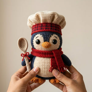 Crochet Chef Penguin Plush, Handmade Amigurumi Penguin Doll, Red Scarf Kitchen Toy, Cute Nursery Decor, Baby Shower Gift, 4-12in Kid Plushie