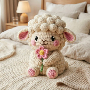 Crochet Lamb Plush, Handmade Amigurumi Sheep Doll, Pink Flower Nursery Toy, Soft Farm Animal Toy Decor, Baby Shower Gift, 4-12in Kid Plushie