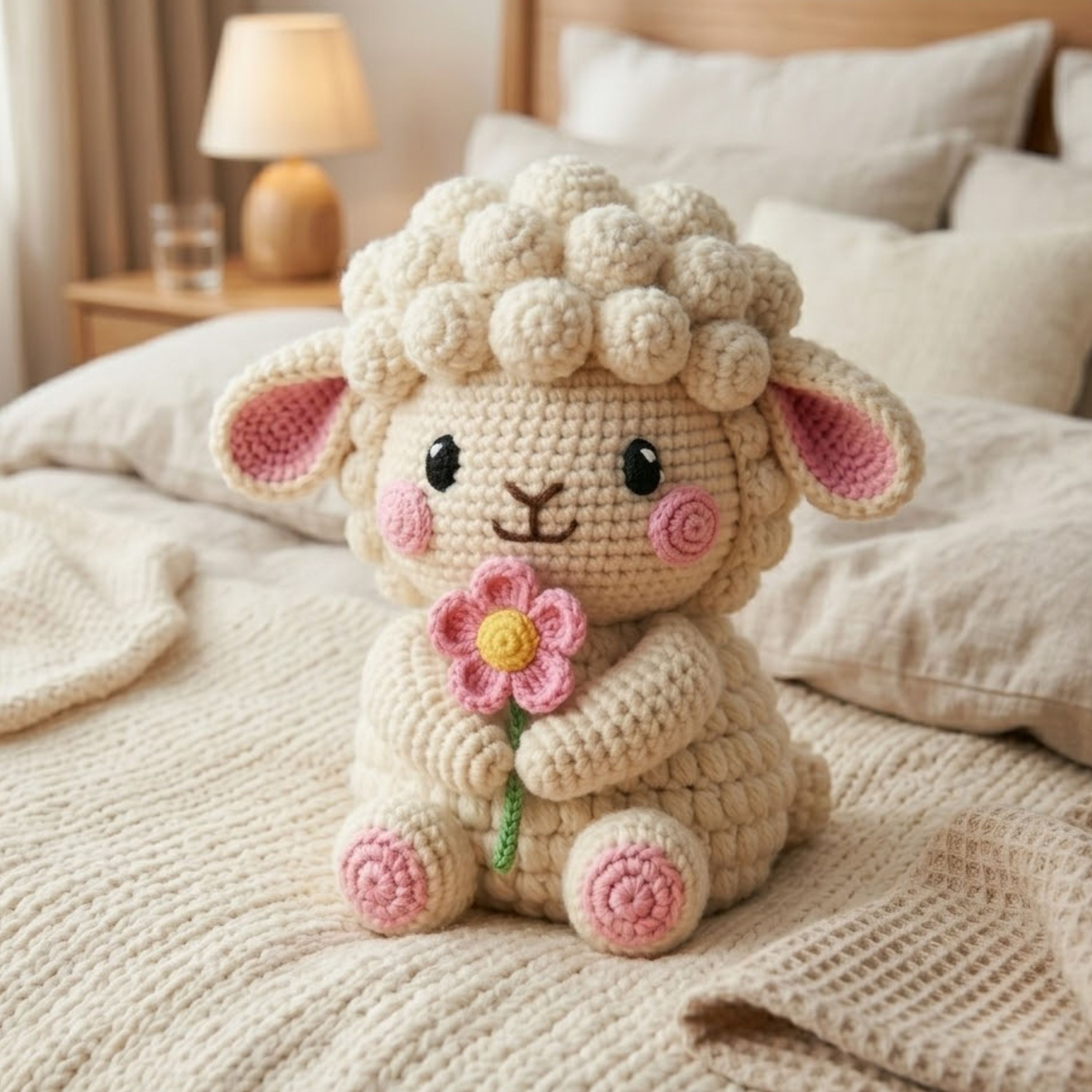 Crochet Lamb Plush, Handmade Amigurumi Sheep Doll, Pink Flower Nursery Toy, Soft Farm Animal Toy Decor, Baby Shower Gift, 4-12in Kid Plushie