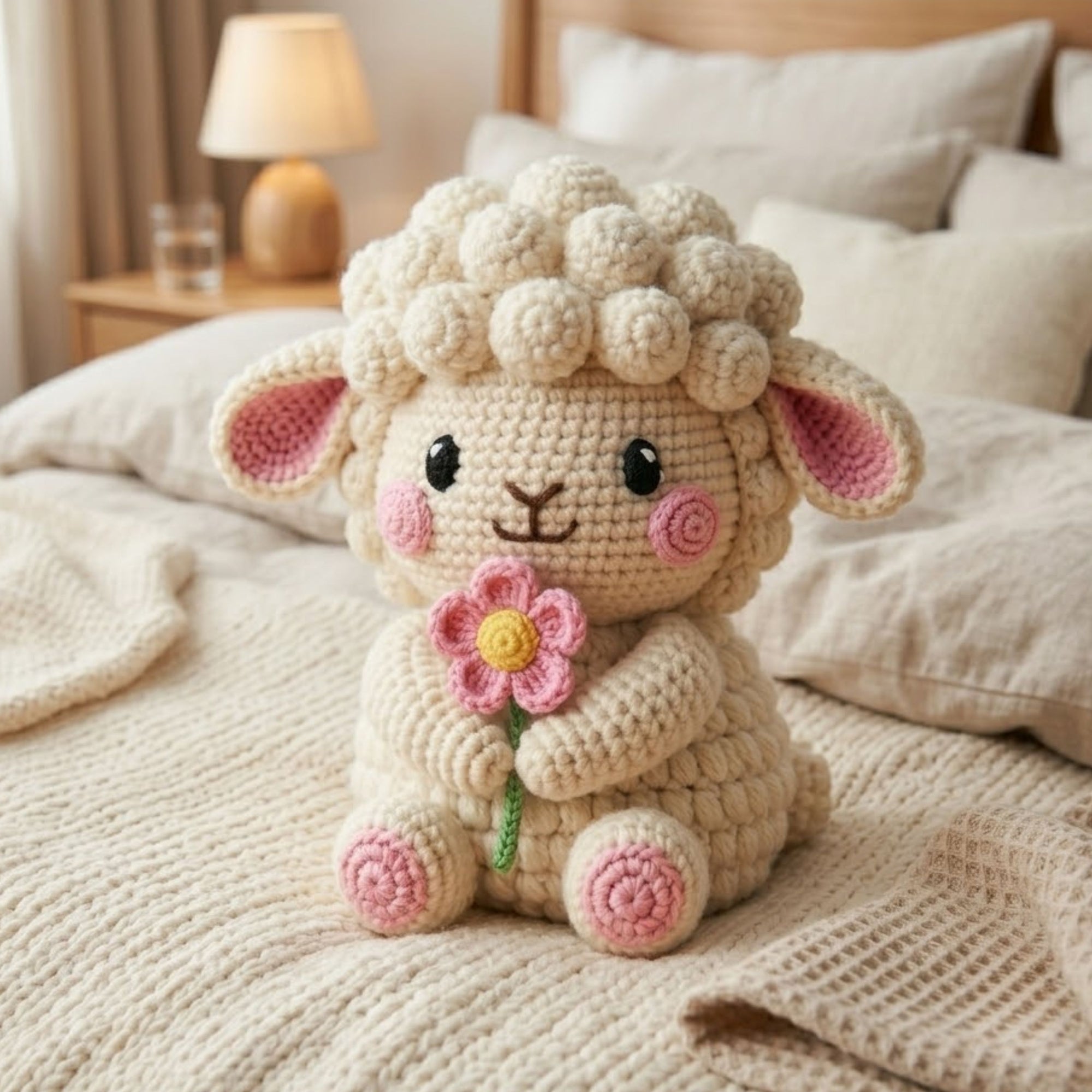 Crochet Lamb Plush, Handmade Amigurumi Sheep Doll, Pink Flower Nursery Toy, Soft Farm Animal Toy Decor, Baby Shower Gift, 4-12in Kid Plushie