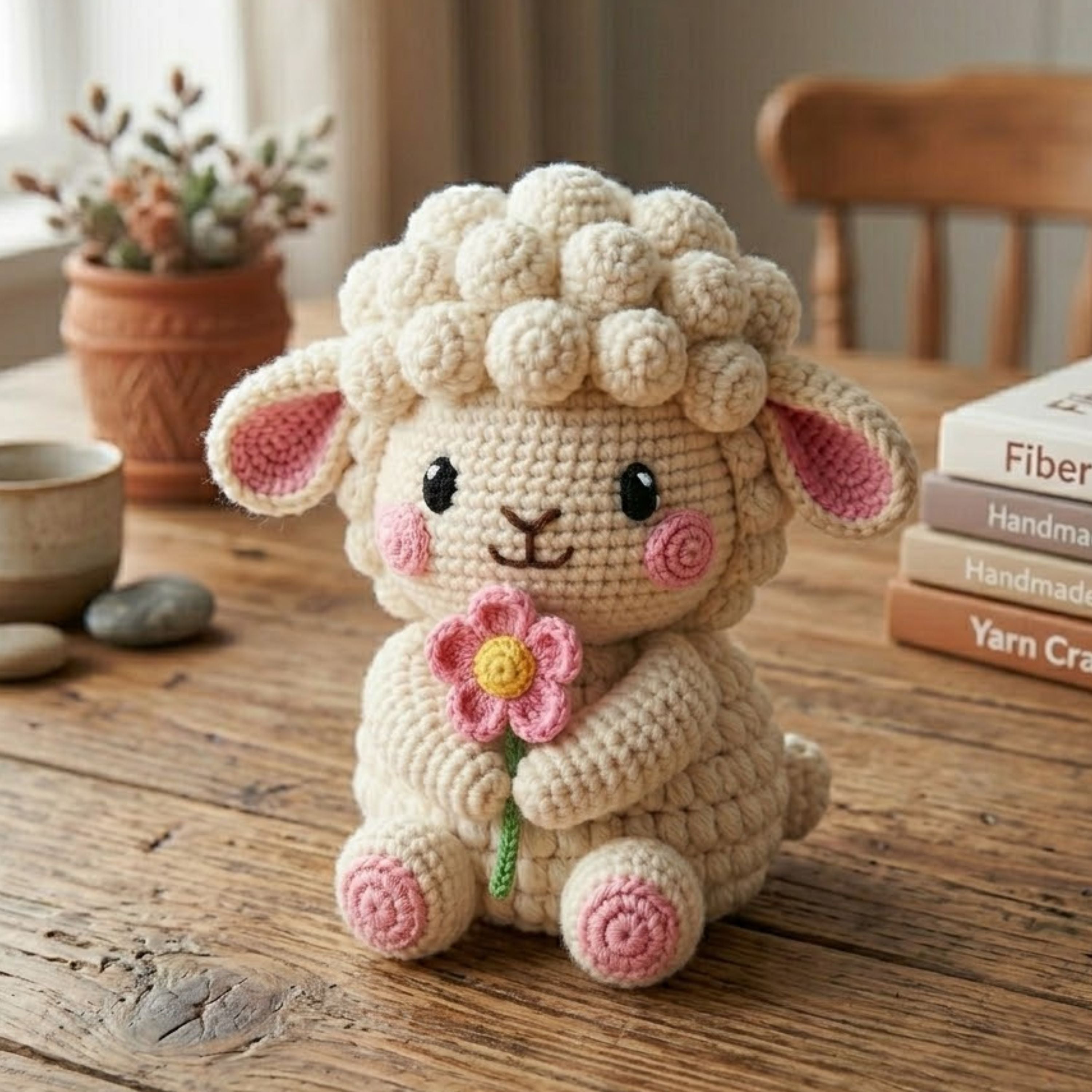 Crochet Lamb Plush, Handmade Amigurumi Sheep Doll, Pink Flower Nursery Toy, Soft Farm Animal Toy Decor, Baby Shower Gift, 4-12in Kid Plushie
