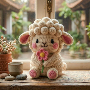 Crochet Lamb Plush, Handmade Amigurumi Sheep Doll, Pink Flower Nursery Toy, Soft Farm Animal Toy Decor, Baby Shower Gift, 4-12in Kid Plushie