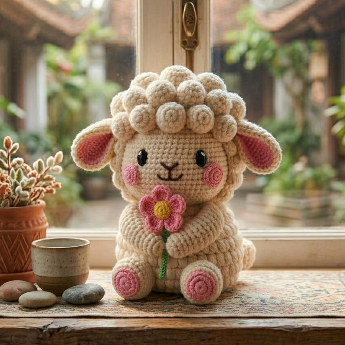 Crochet Lamb Plush, Handmade Amigurumi Sheep Doll, Pink Flower Nursery Toy, Soft Farm Animal Toy Decor, Baby Shower Gift, 4-12in Kid Plushie