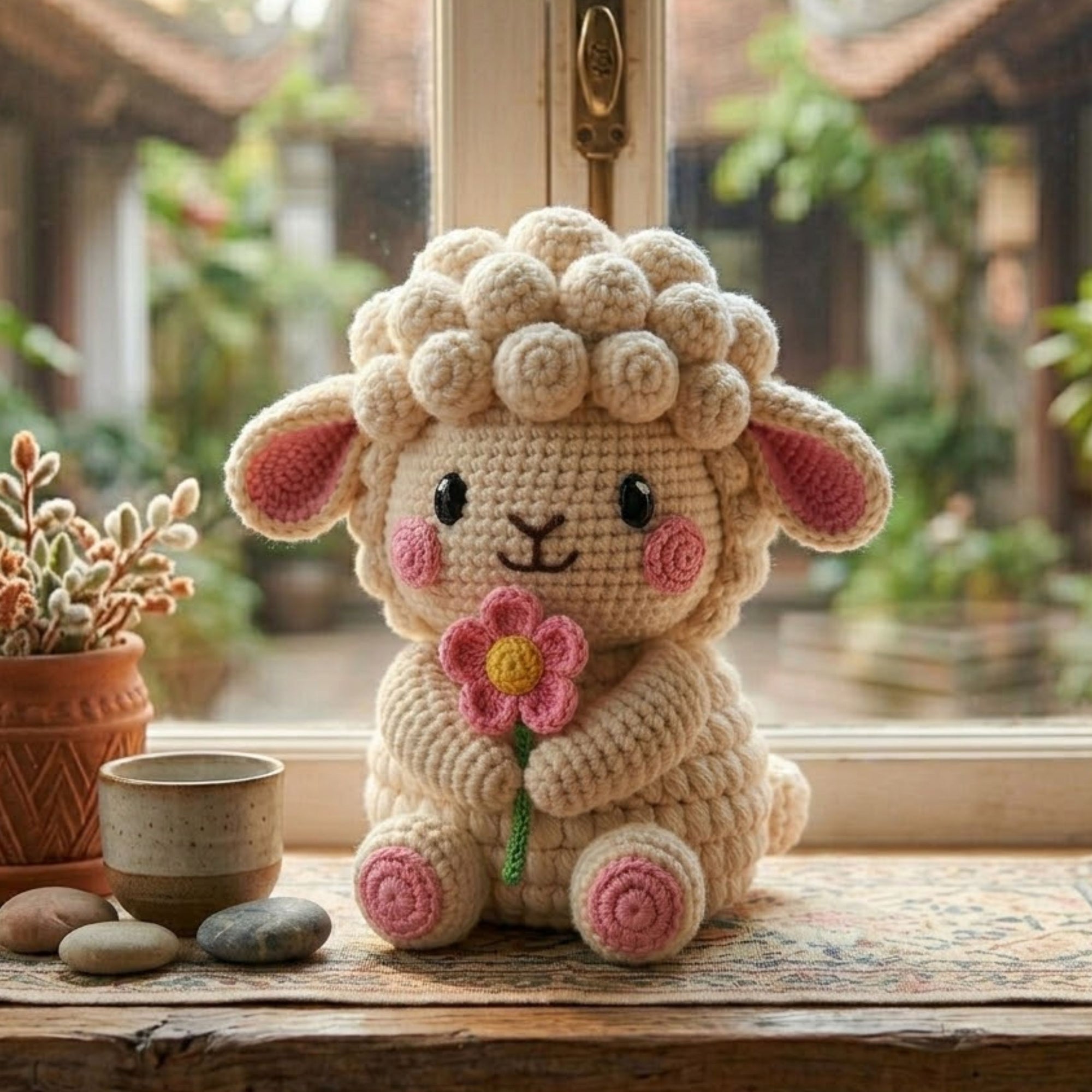 Crochet Lamb Plush, Handmade Amigurumi Sheep Doll, Pink Flower Nursery Toy, Soft Farm Animal Toy Decor, Baby Shower Gift, 4-12in Kid Plushie