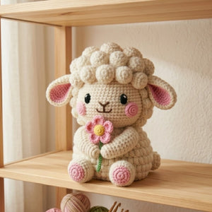 Crochet Lamb Plush, Handmade Amigurumi Sheep Doll, Pink Flower Nursery Toy, Soft Farm Animal Toy Decor, Baby Shower Gift, 4-12in Kid Plushie
