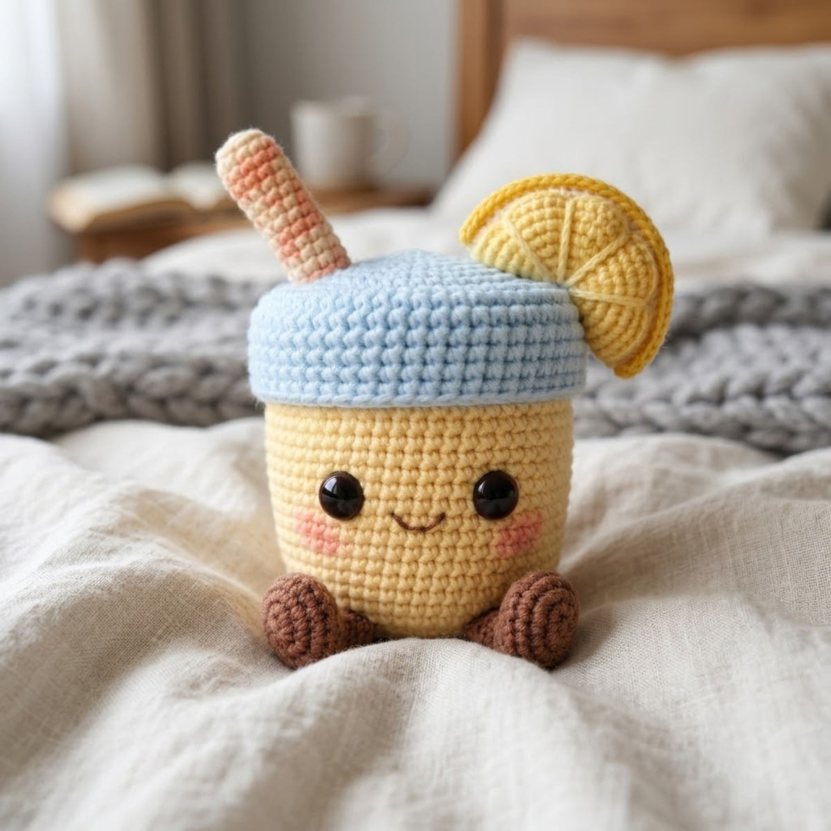 Crochet Lemonade Plush, Handmade Amigurumi Drink Doll, Blue Lid Summer Toy, Cute Nursery Decor, Baby Shower Gift, 4-12in Kid Plush Toy Gifts
