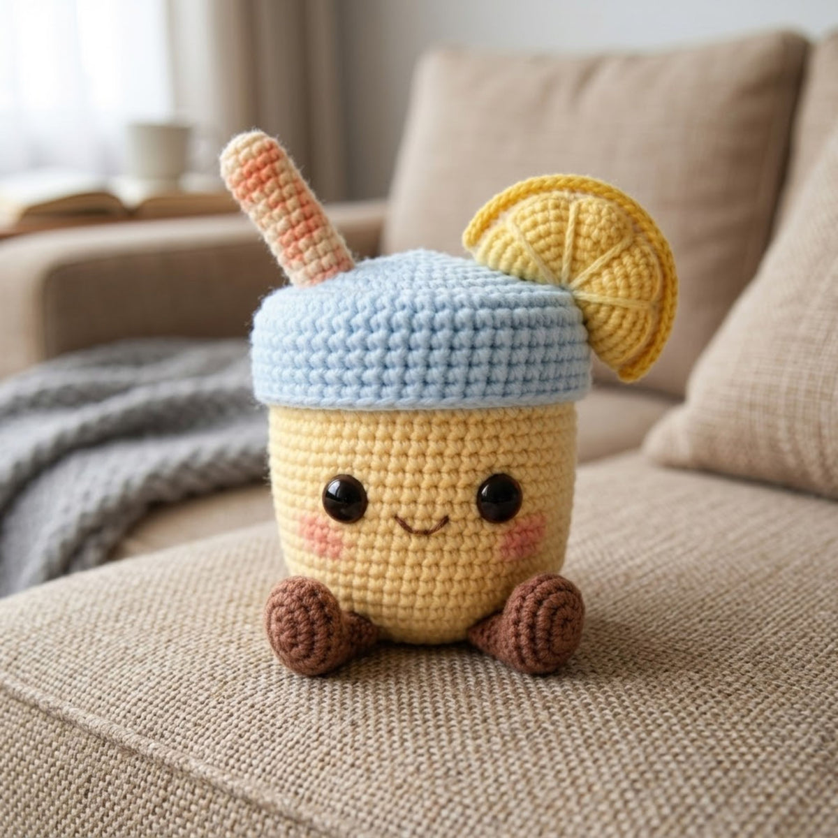 Crochet Lemonade Plush, Handmade Amigurumi Drink Doll, Blue Lid Summer Toy, Cute Nursery Decor, Baby Shower Gift, 4-12in Kid Plush Toy Gifts