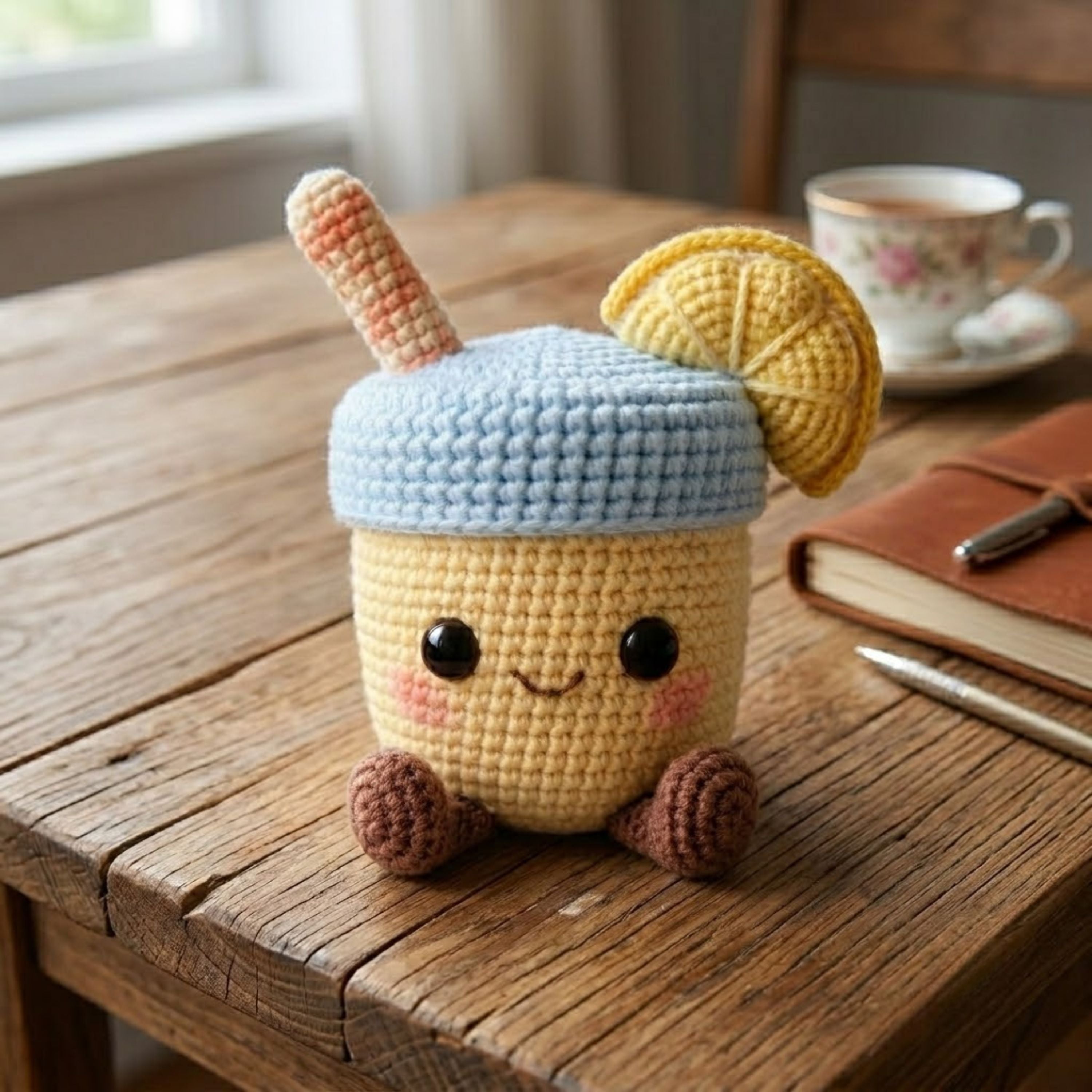 Crochet Lemonade Plush, Handmade Amigurumi Drink Doll, Blue Lid Summer Toy, Cute Nursery Decor, Baby Shower Gift, 4-12in Kid Plush Toy Gifts