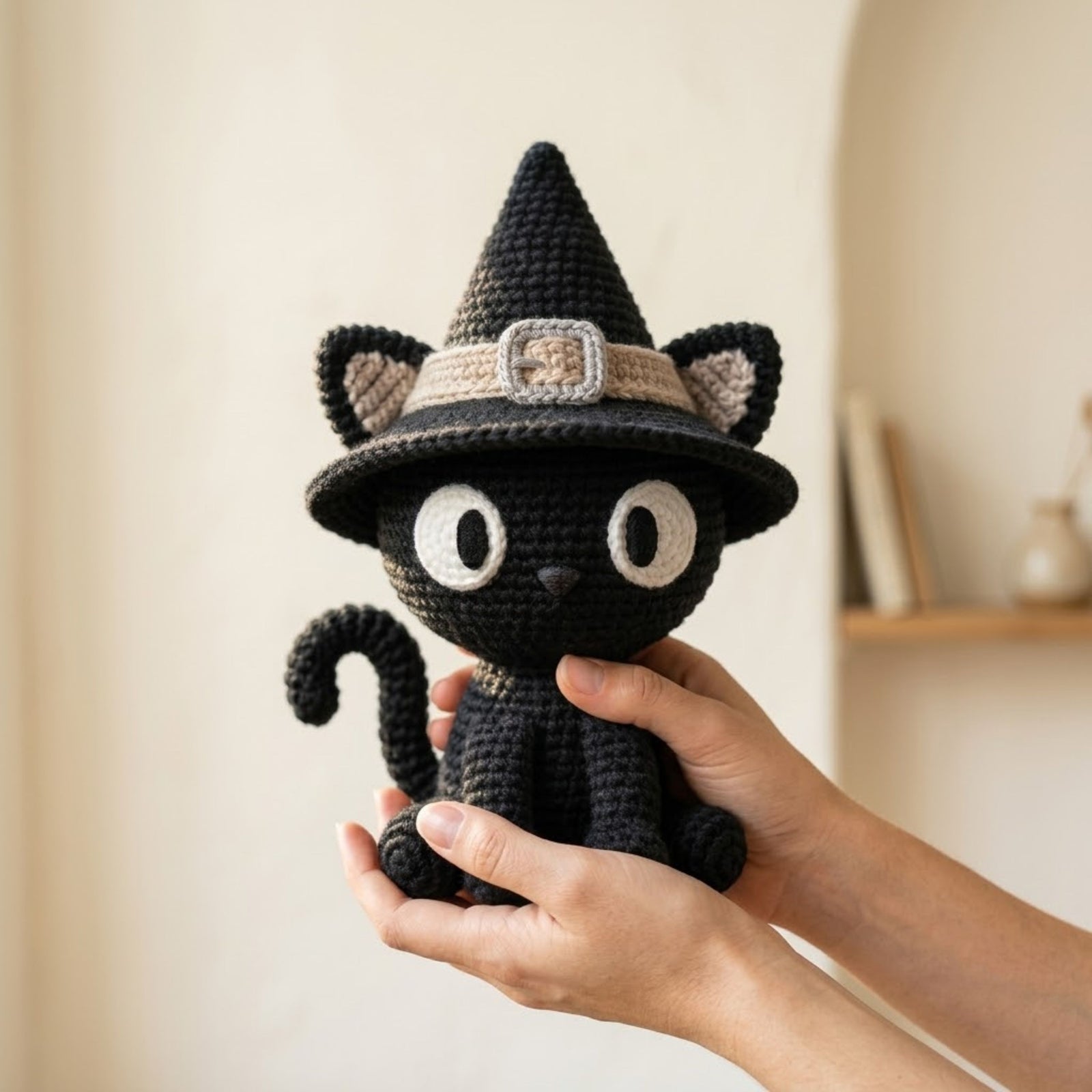 Crochet Witch Cat Plush, Handmade Amigurumi Black Cat Doll, Spooky Halloween Nursery Toy, Gothic Decor, Baby Shower Gift, 4-12in Kid Plushie