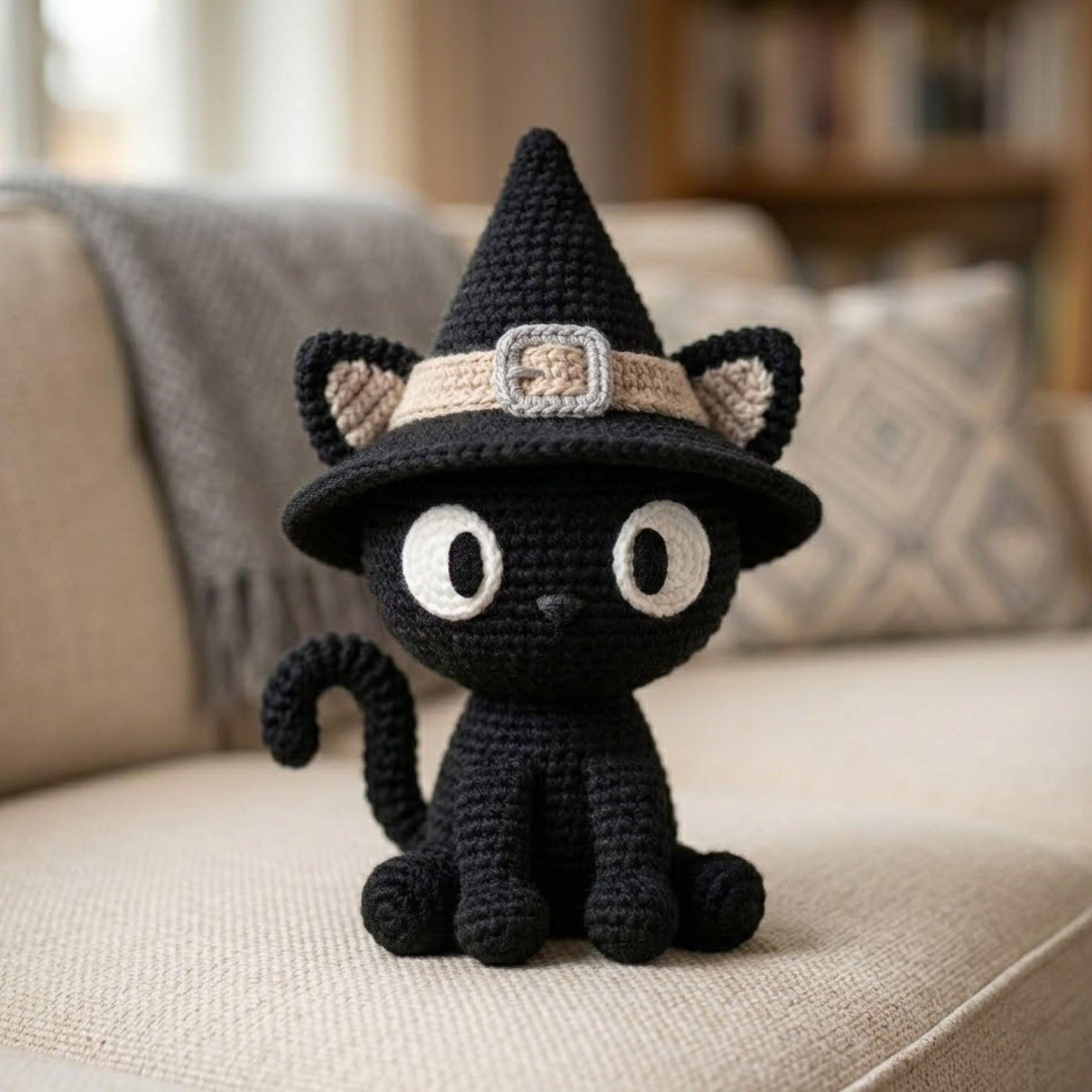 Crochet Witch Cat Plush, Handmade Amigurumi Black Cat Doll, Spooky Halloween Nursery Toy, Gothic Decor, Baby Shower Gift, 4-12in Kid Plushie