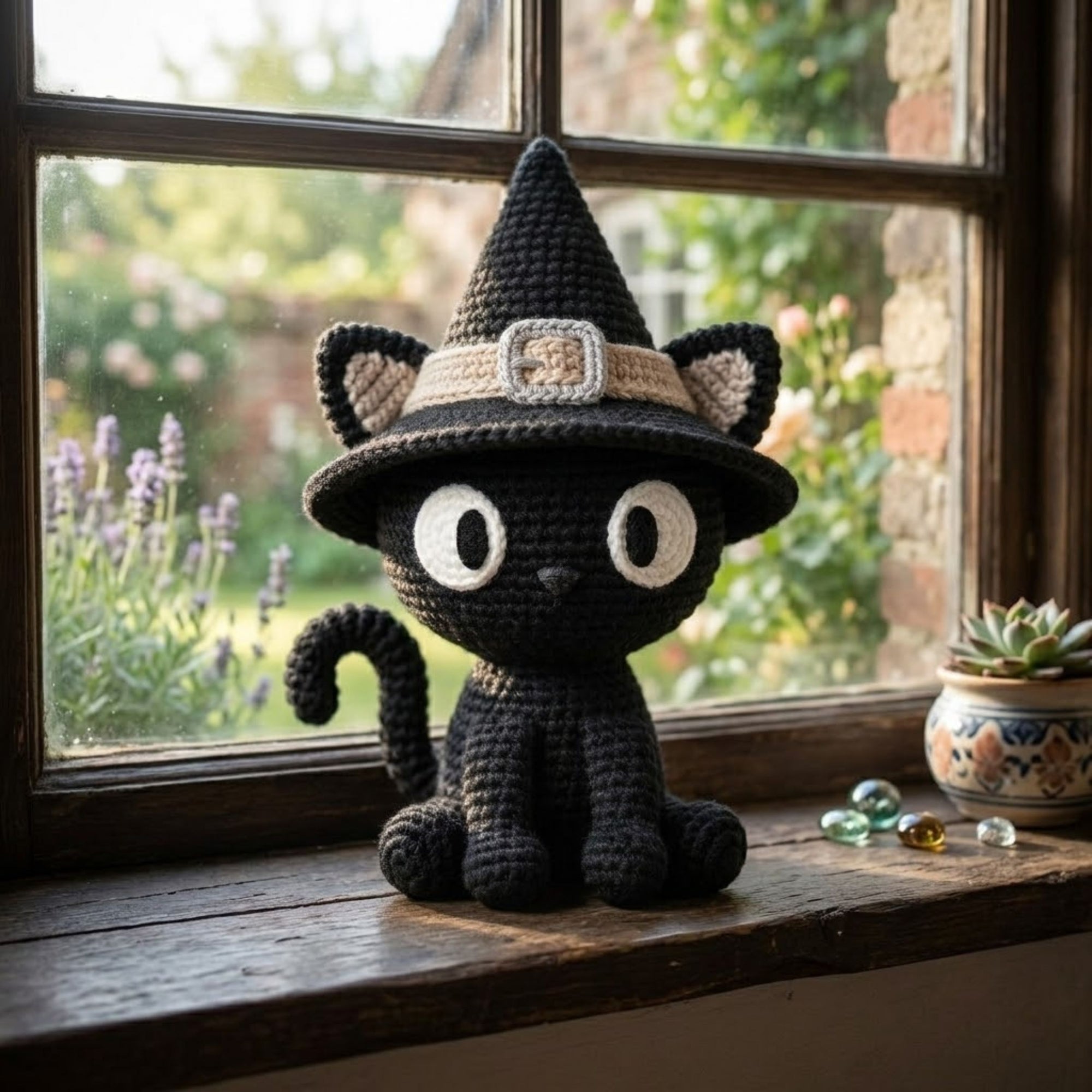Crochet Witch Cat Plush, Handmade Amigurumi Black Cat Doll, Spooky Halloween Nursery Toy, Gothic Decor, Baby Shower Gift, 4-12in Kid Plushie