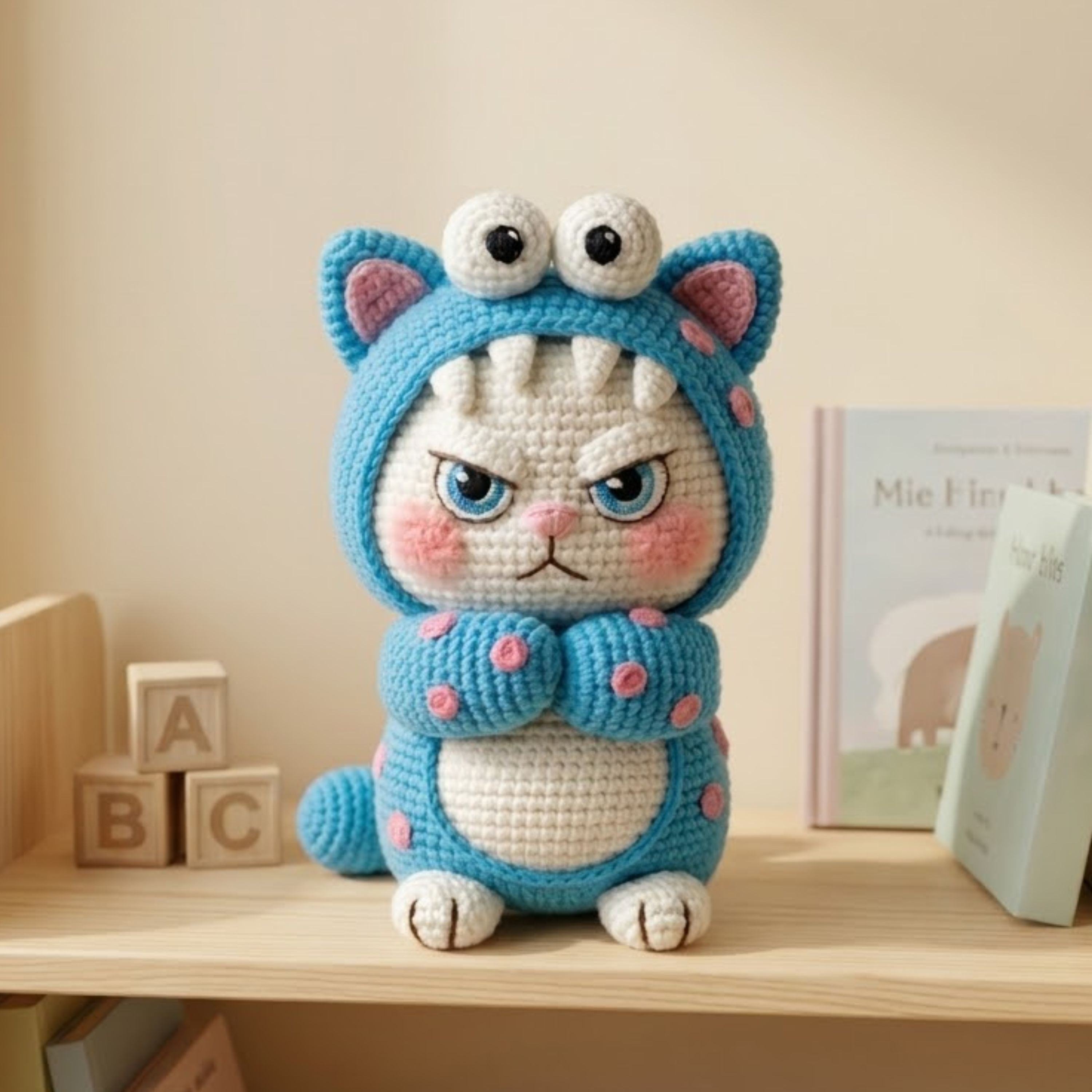 Crochet Monster Cat Plush, Handmade Amigurumi Grumpy Cat Doll, Blue Costume Nursery Toy, Kawaii Decor, Baby Shower Gift, 4-12in Kids Plushie