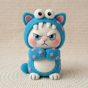 Crochet Monster Cat Plush, Handmade Amigurumi Grumpy Cat Doll, Blue Costume Nursery Toy, Kawaii Decor, Baby Shower Gift, 4-12in Kids Plushie