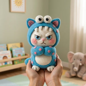 Crochet Monster Cat Plush, Handmade Amigurumi Grumpy Cat Doll, Blue Costume Nursery Toy, Kawaii Decor, Baby Shower Gift, 4-12in Kids Plushie