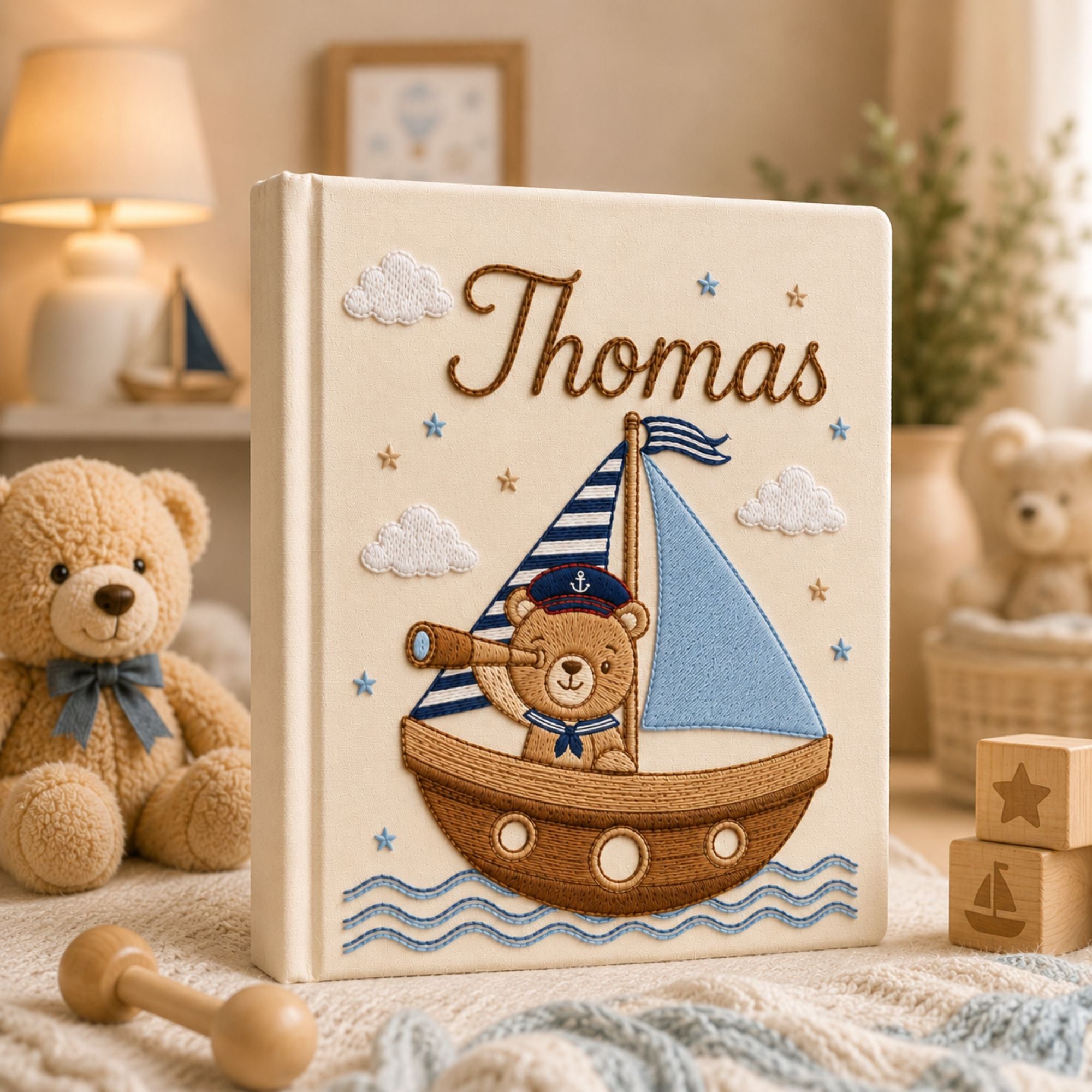 Personalized Embroidered Sailboat Teddy Bear Linen Photo Album, Custom Name Nautical Baby Memory Book, Teddy Bear Sailor Keepsake Album