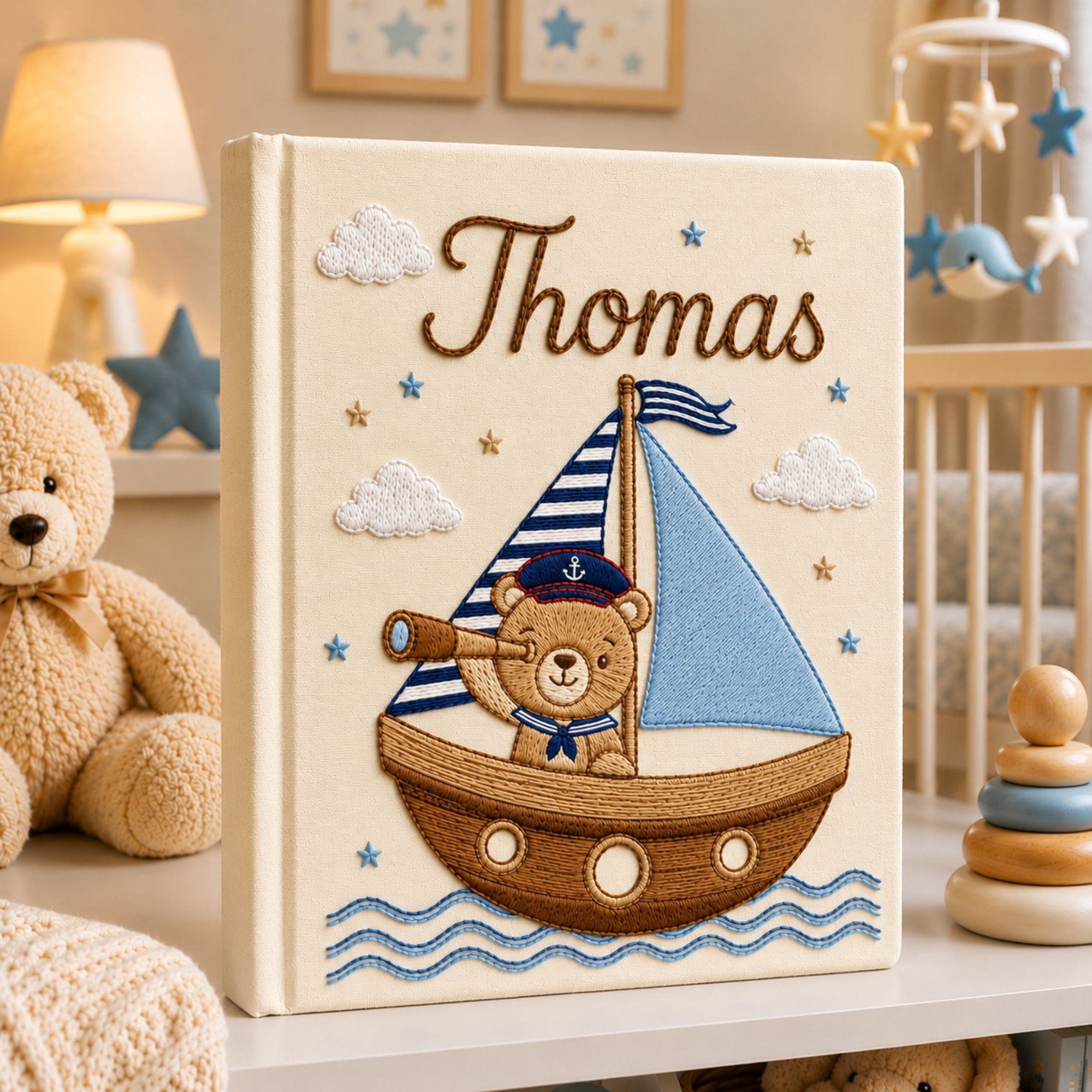 Personalized Embroidered Sailboat Teddy Bear Linen Photo Album, Custom Name Nautical Baby Memory Book, Teddy Bear Sailor Keepsake Album