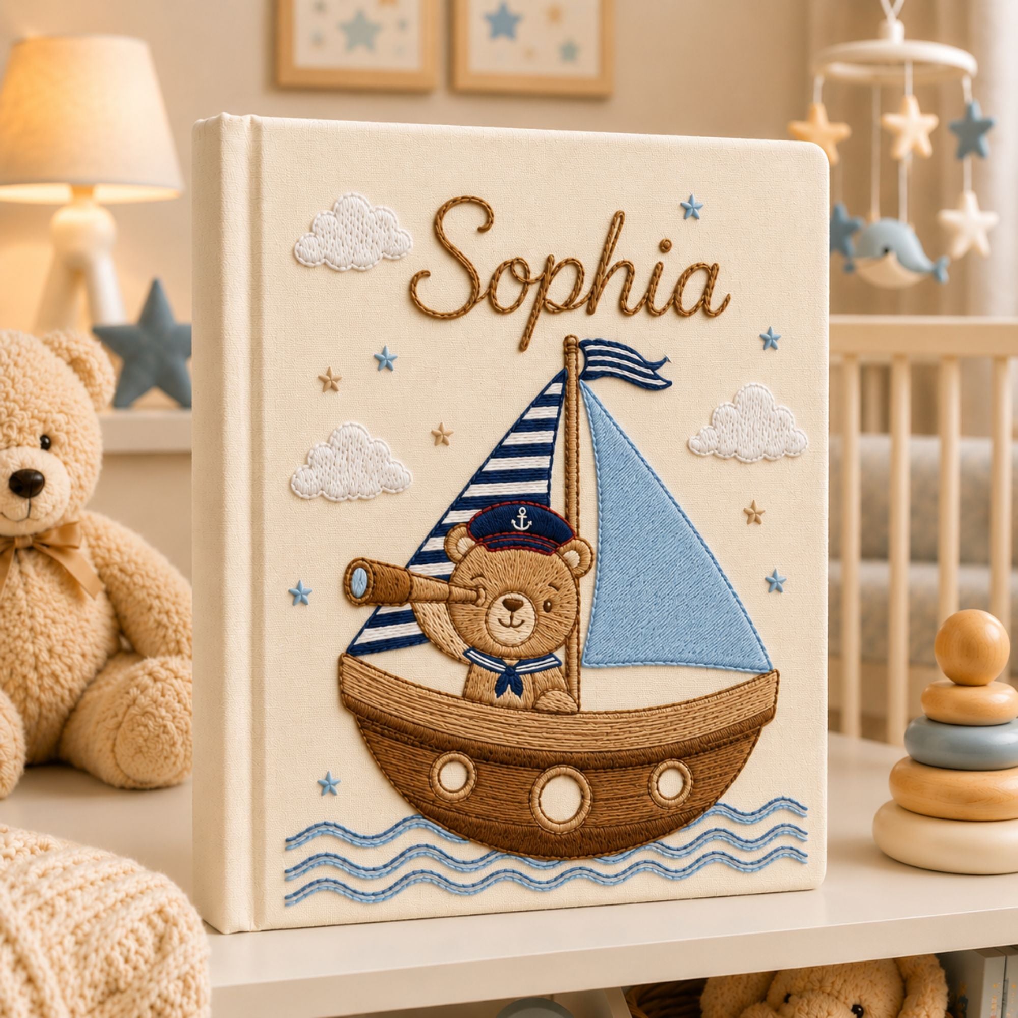 Personalized Embroidered Sailboat Teddy Bear Linen Photo Album, Custom Name Nautical Baby Memory Book, Teddy Bear Sailor Keepsake Album