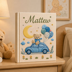 Personalized Teddy Bear Car Baby Photo Album, Custom Name Embroidered Baby Memory Book, Embroidered Bear Balloons Keepsake, Baby Shower Gift