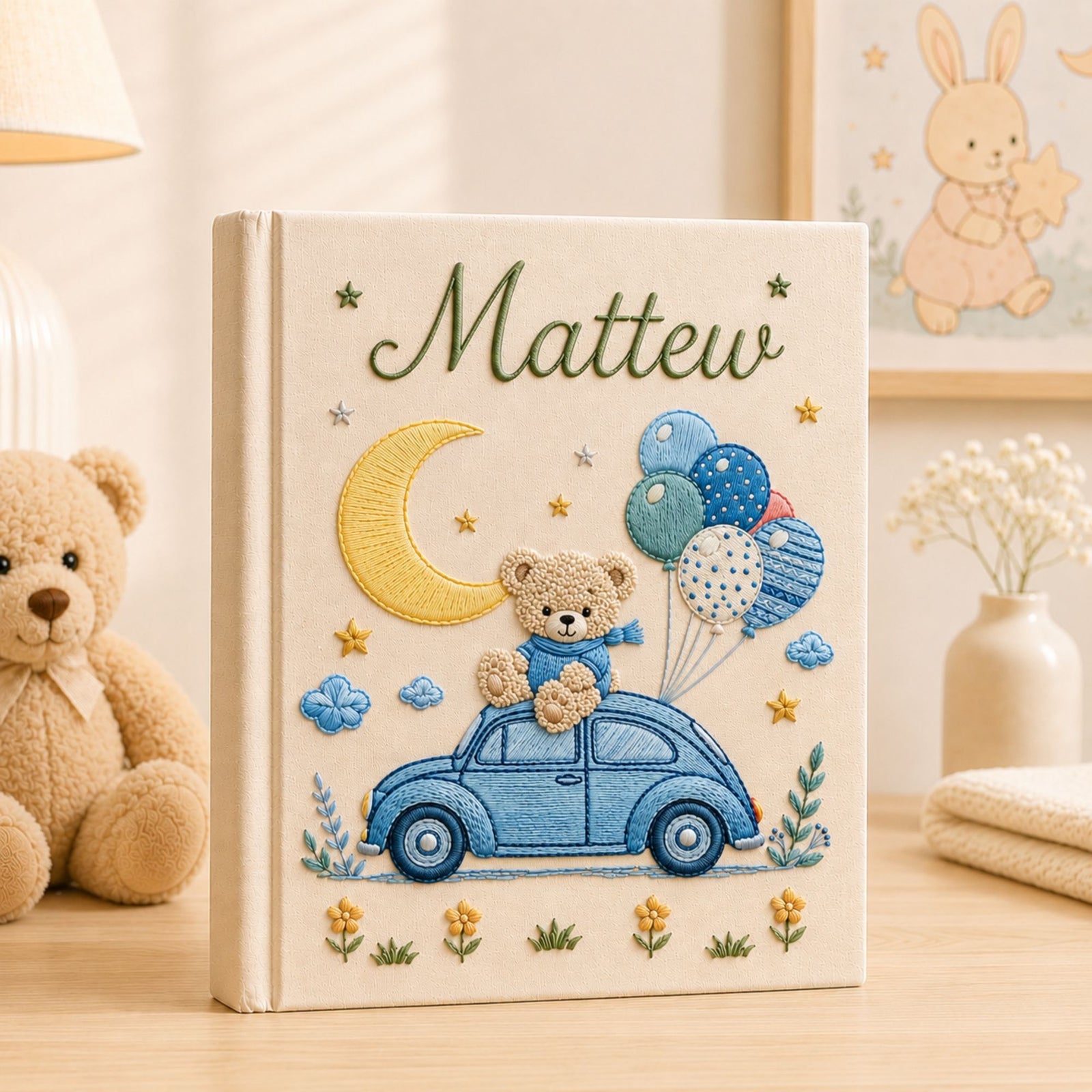 Personalized Teddy Bear Car Baby Photo Album, Custom Name Embroidered Baby Memory Book, Embroidered Bear Balloons Keepsake, Baby Shower Gift