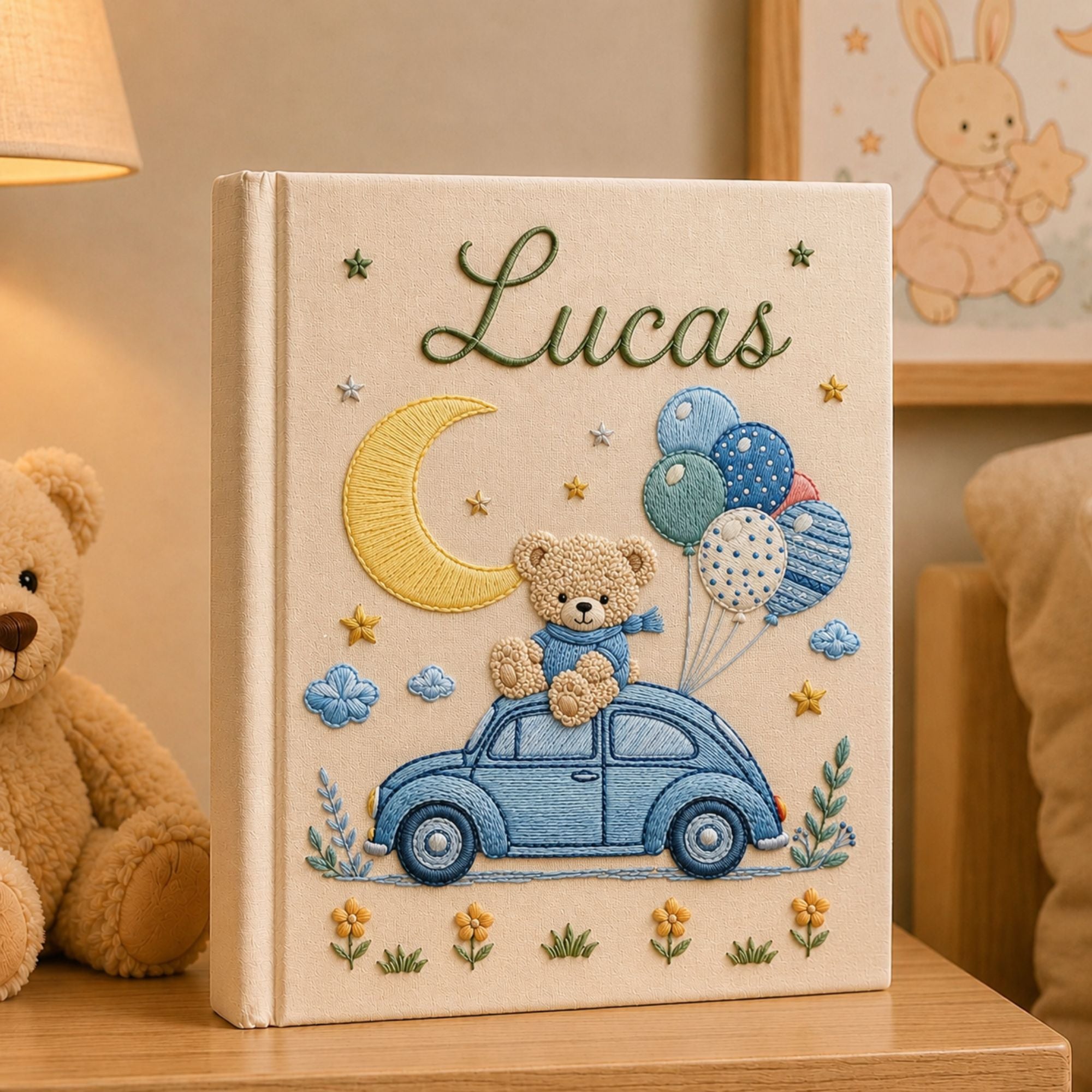 Personalized Teddy Bear Car Baby Photo Album, Custom Name Embroidered Baby Memory Book, Embroidered Bear Balloons Keepsake, Baby Shower Gift
