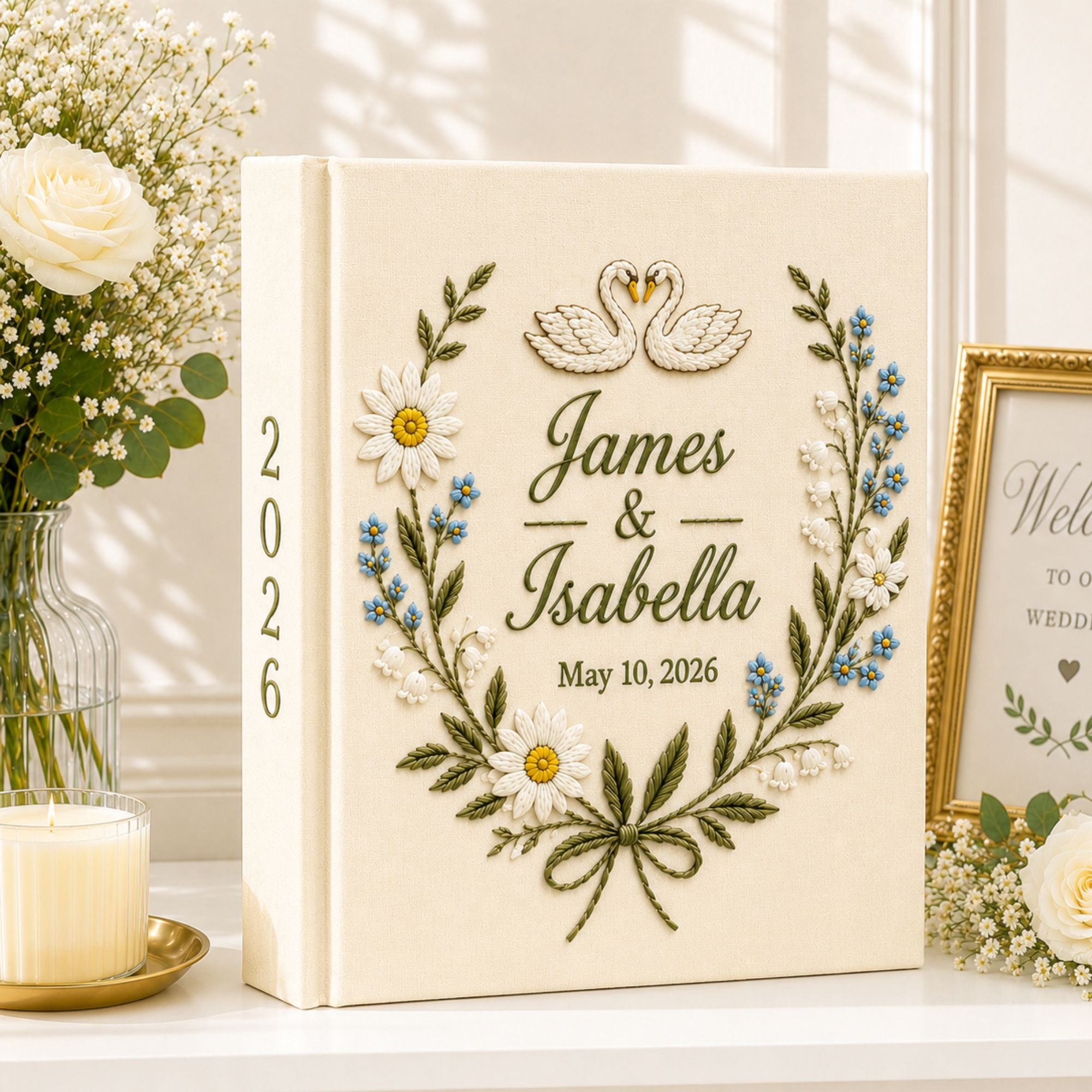 Custom Hand Embroidered Wedding Photo Album, Swan Heart Lily of the Valley Memory Book, Lily of the Valley Wedding Book,Bridal Keepsake Gift