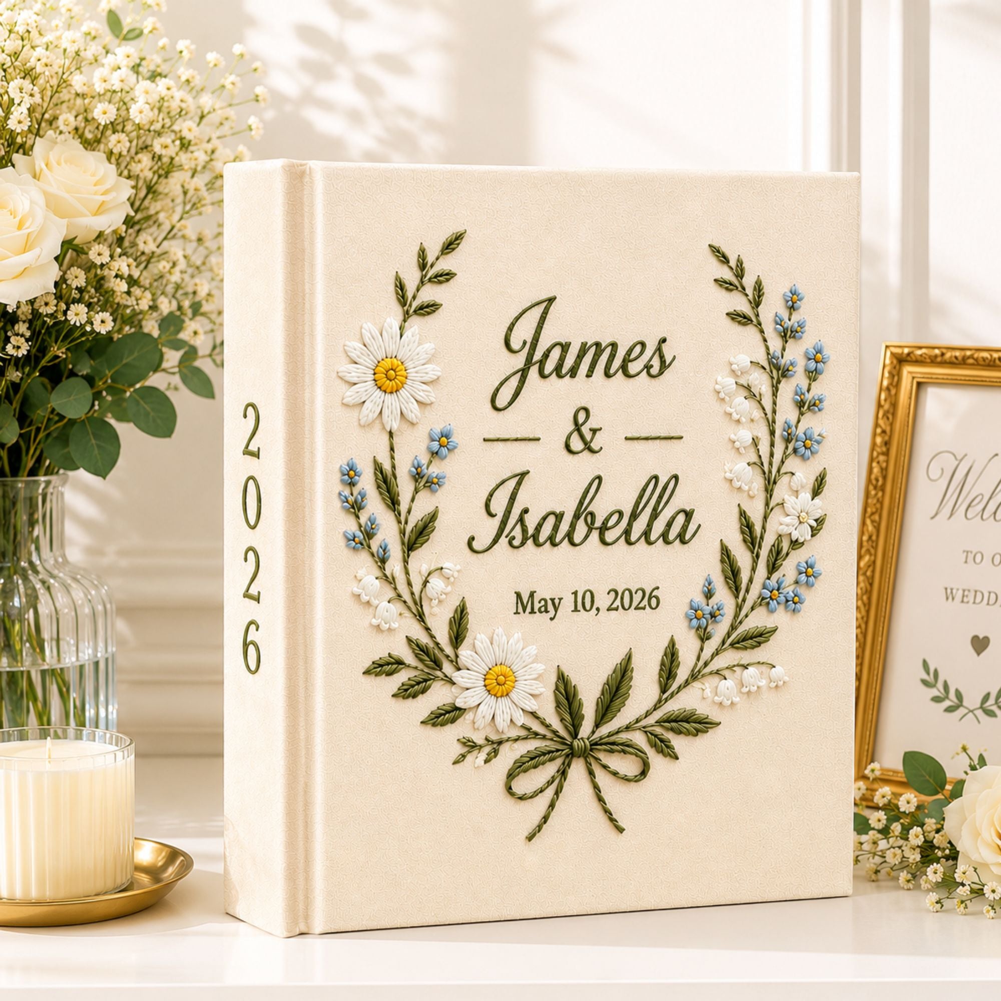 Custom Hand Embroidered Wedding Photo Album, Swan Heart Lily of the Valley Memory Book, Lily of the Valley Wedding Book,Bridal Keepsake Gift