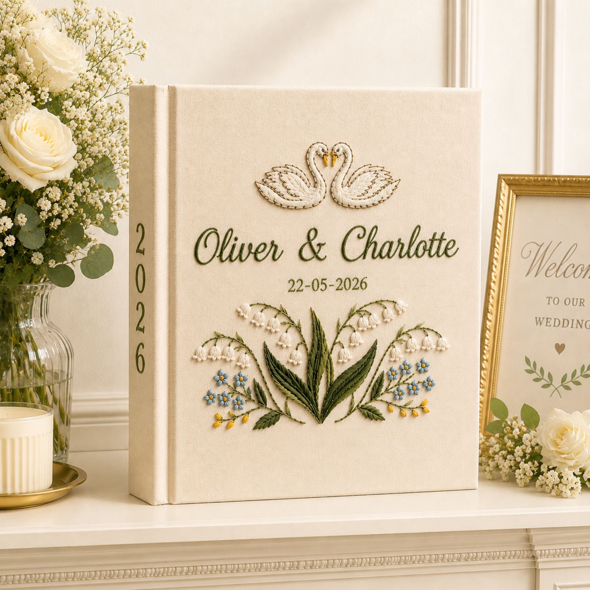 Custom Hand Embroidered Wedding Photo Album, Swan Heart Lily of the Valley Memory Book, Lily of the Valley Wedding Book,Bridal Keepsake Gift
