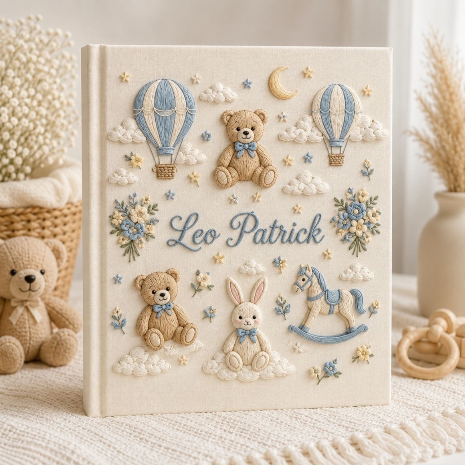 Hand Embroidered Baby Photo Album, Personalized Baby Memory Book, Custom Name Teddy Bear Nursery Album, Baby Shower Gift