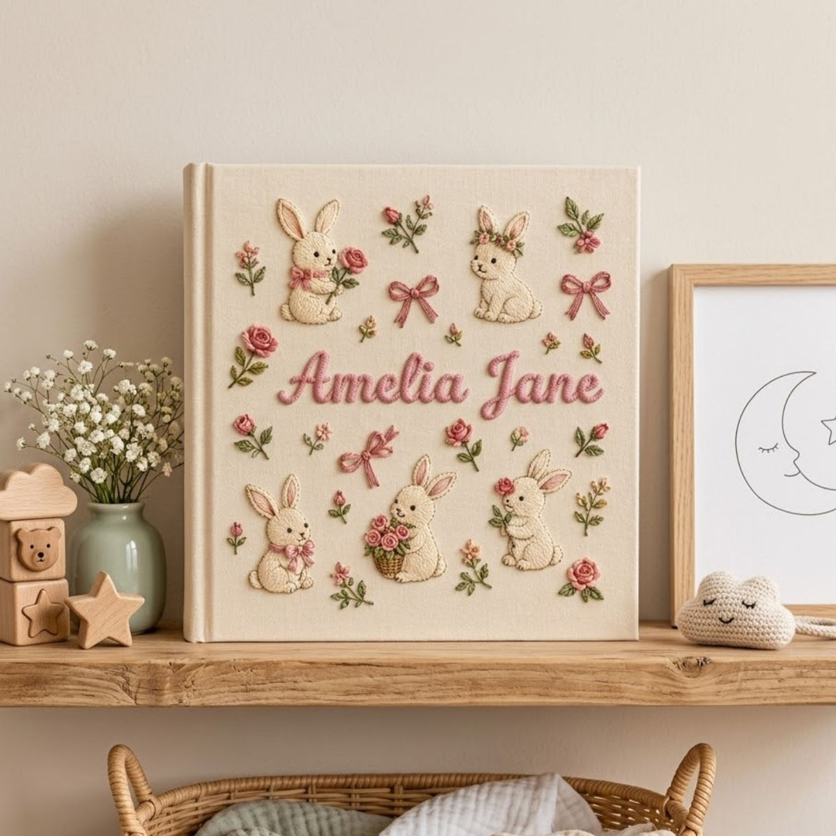 Hand Embroidered Baby Photo Album, Personalized Bunny Memory Book, Custom Name Floral Nursery Keepsake, Baby Shower Gift