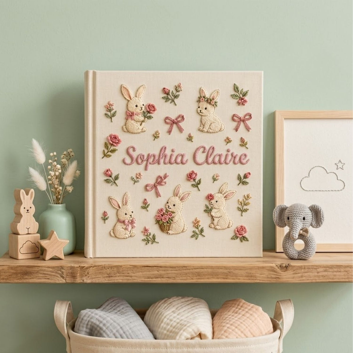 Hand Embroidered Baby Photo Album, Personalized Bunny Memory Book, Custom Name Floral Nursery Keepsake, Baby Shower Gift